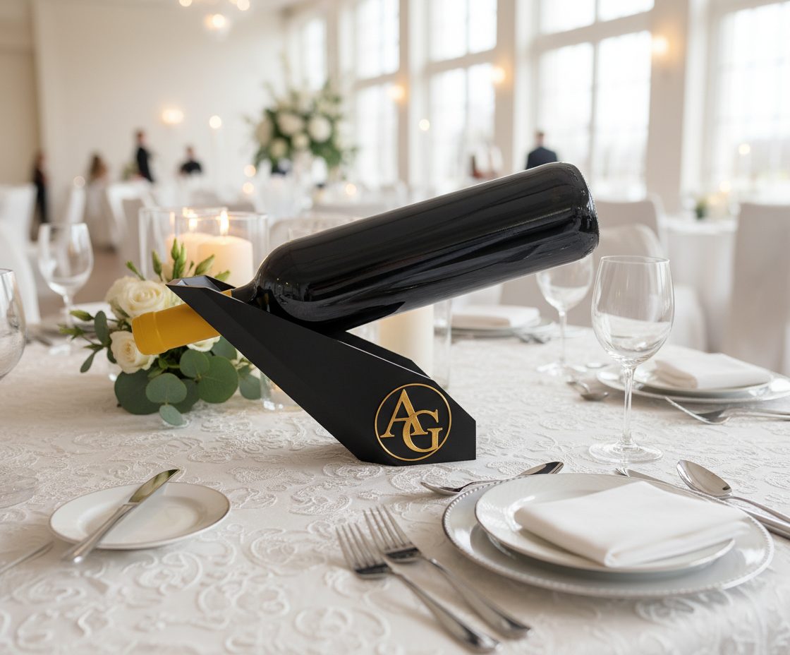 R.J.-Winholder-Weinhalter-mit-Initialen-in-Gold-personalisiert-Gedeckter-Tisch-Hochzeit